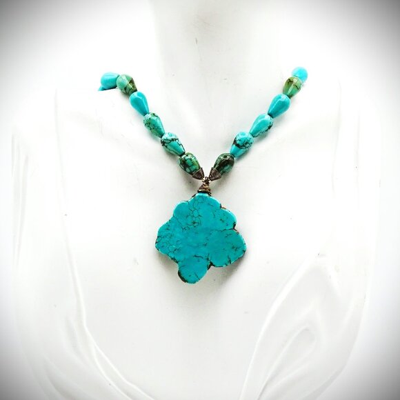 VINTAGE Sterling Silver Hubei Turquose Beads & Pendant Necklace - Picture 5 of 7